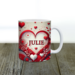Faux 3D heart design on ceramic mug gift. Romantic coffee cup with red and white hearts.  